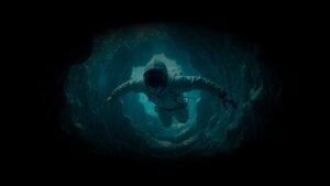 A diver depicted as an astronaut floating inside a cave tunnel, symbolizing exploration and discovery at Divers UnderGround.